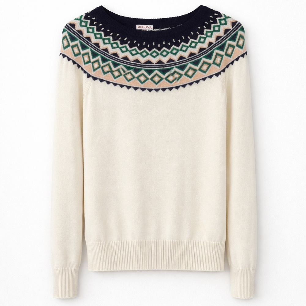 Merona Fair Isle Yoke Sweater Ivory Green Navy Nordic Knit Size M